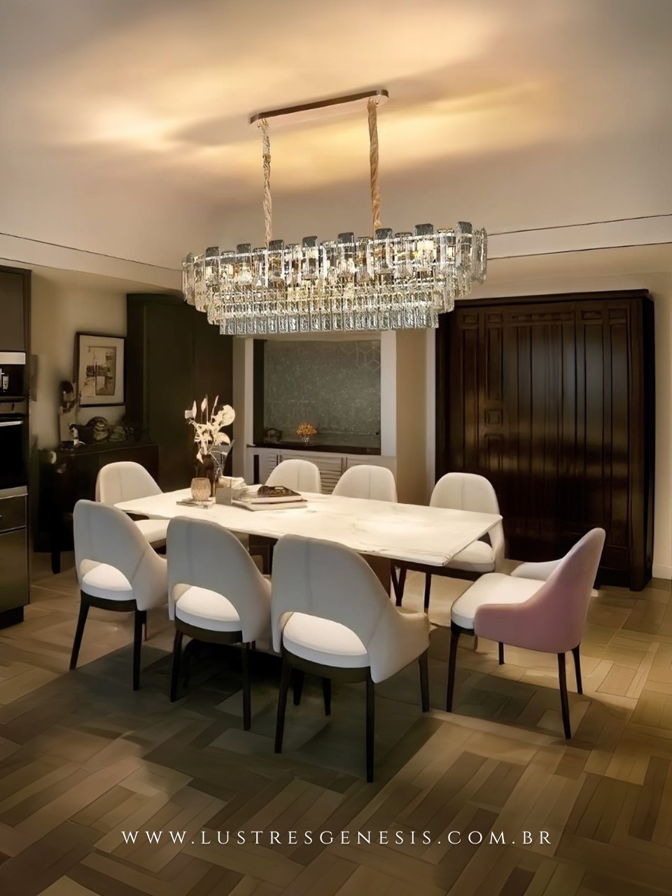 Lustre Pendente Retangular 100cm Novalie Detalhes Dourado